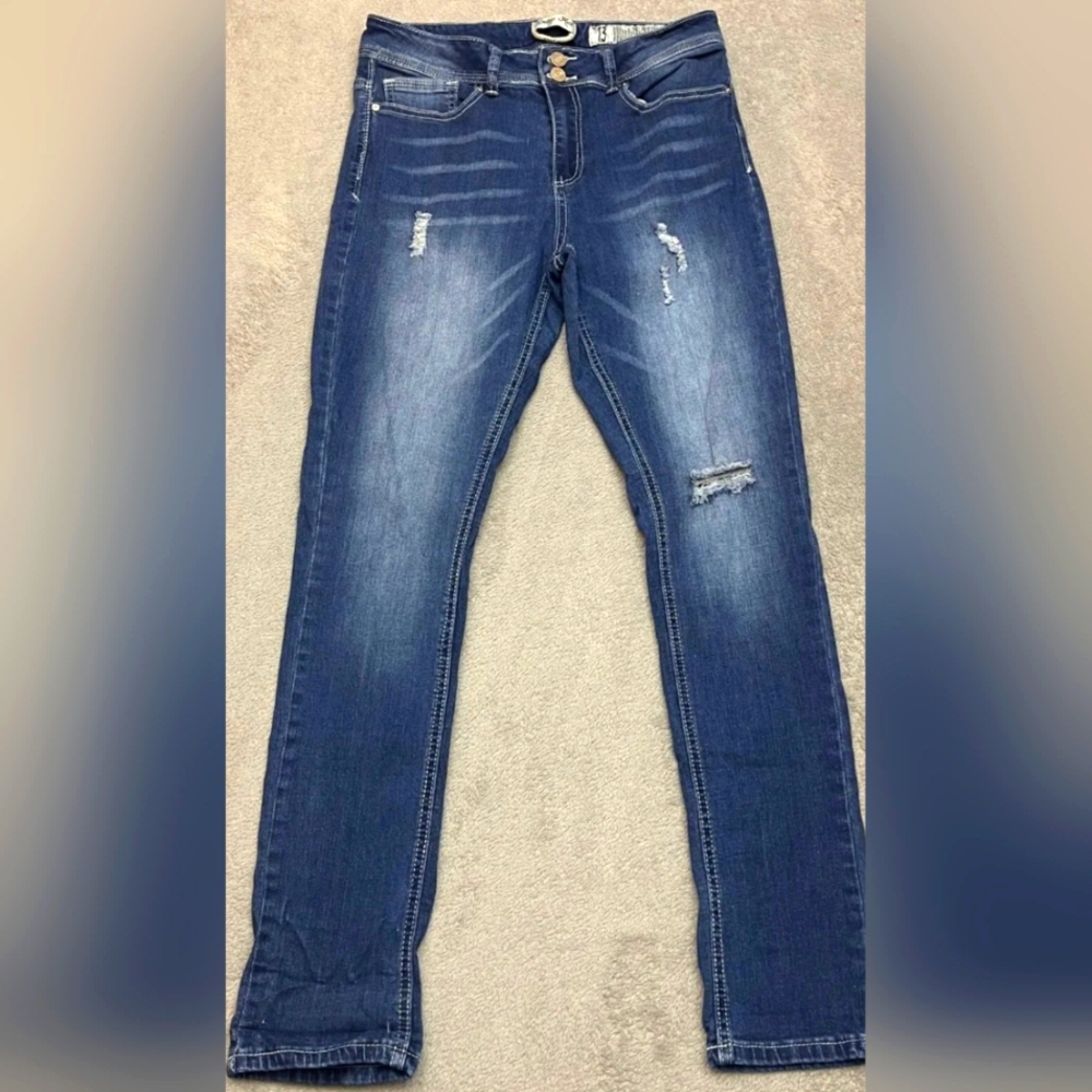 Indigo Rein Distressed Blue Denim High Rise Ankle Jeans Size 13